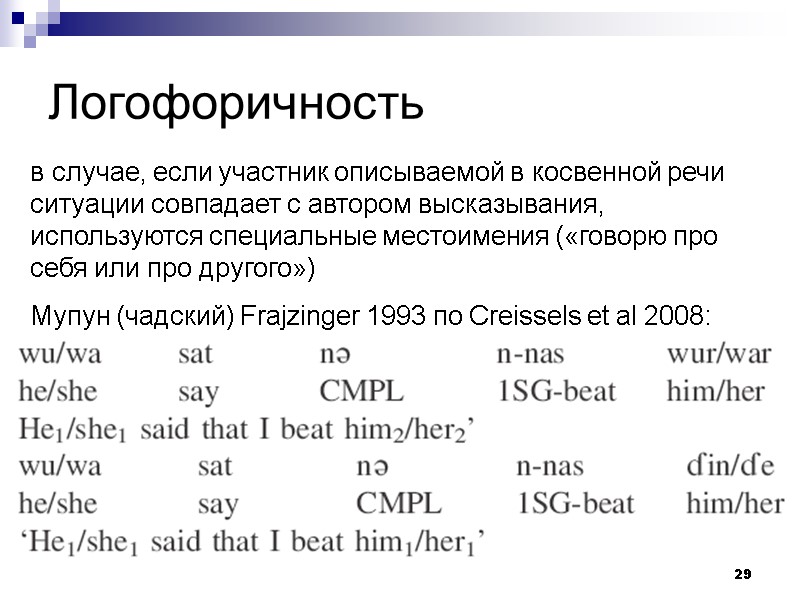 29 Логофоричность в случае, если участник описываемой в косвенной речи ситуации совпадает с автором